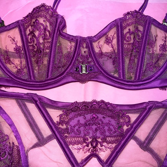 RARE - Honey Birdette Purple Lace Lingerie Set Bra Garter AND Panties - Picture 6 of 12